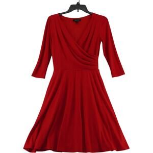 White House Black Market Red Fit Flare Dress Womens 4 Wrap V Neck 3/4 Sleeve